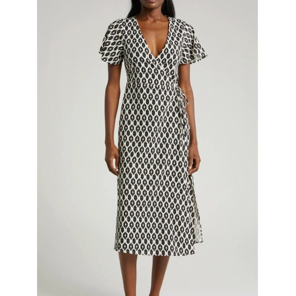 Marine Layer Emlyn Wrap Midi Dress Women's Size Small Black White Print
